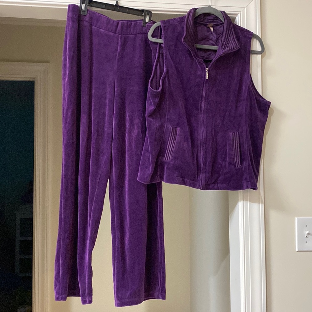 White Stag Purple Jogging Suit Women 2 Pc Velour Pants Zip Vest - Sz L (12-14)